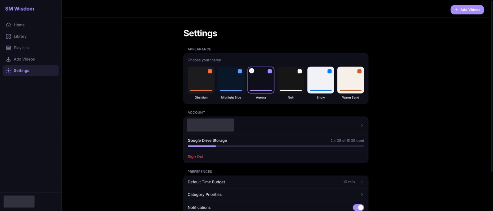 Video library settings screen. Account name, email and profile covered.
