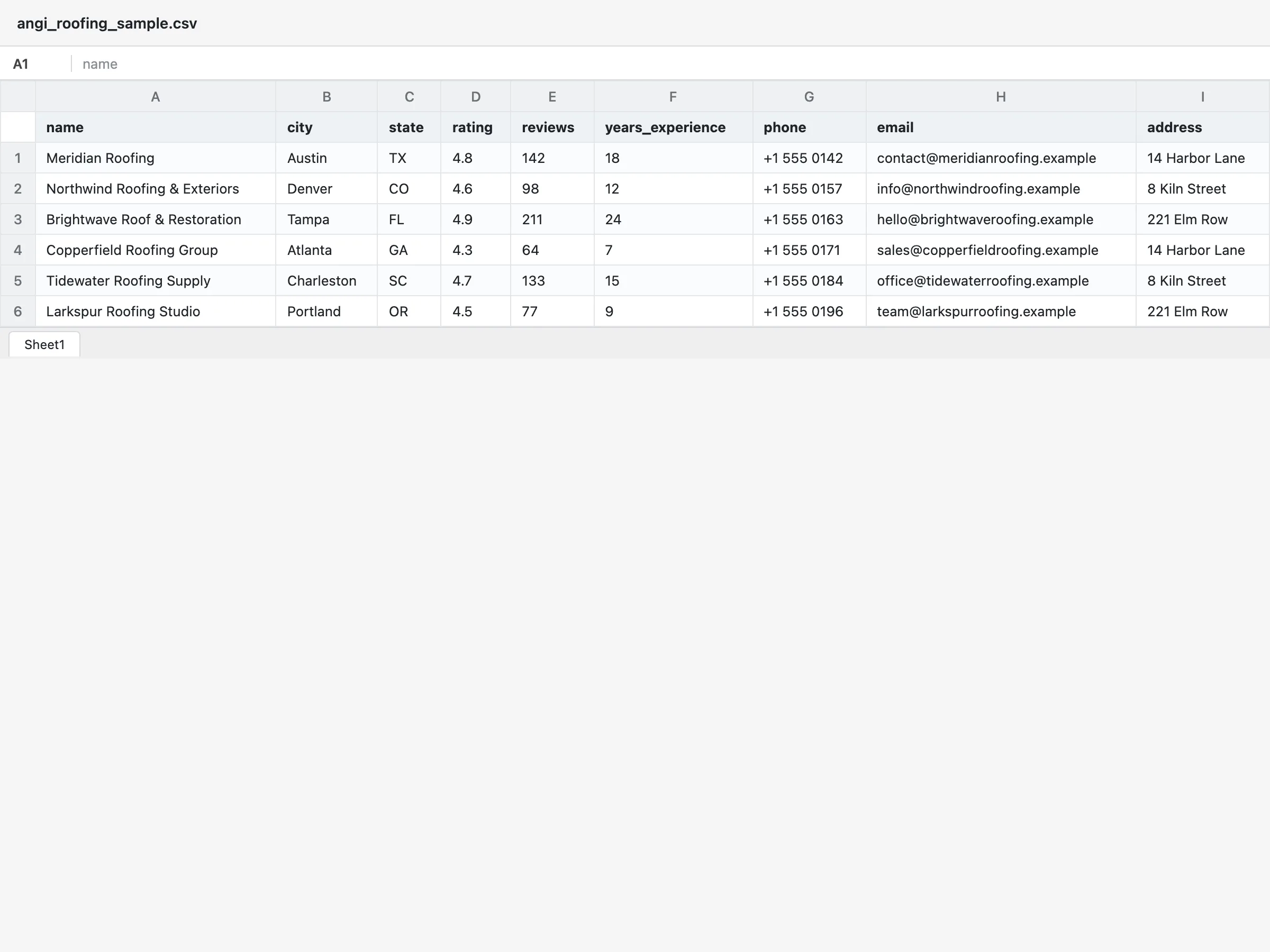 The export: name, rating, reviews, years, contact, address. Sample rows.