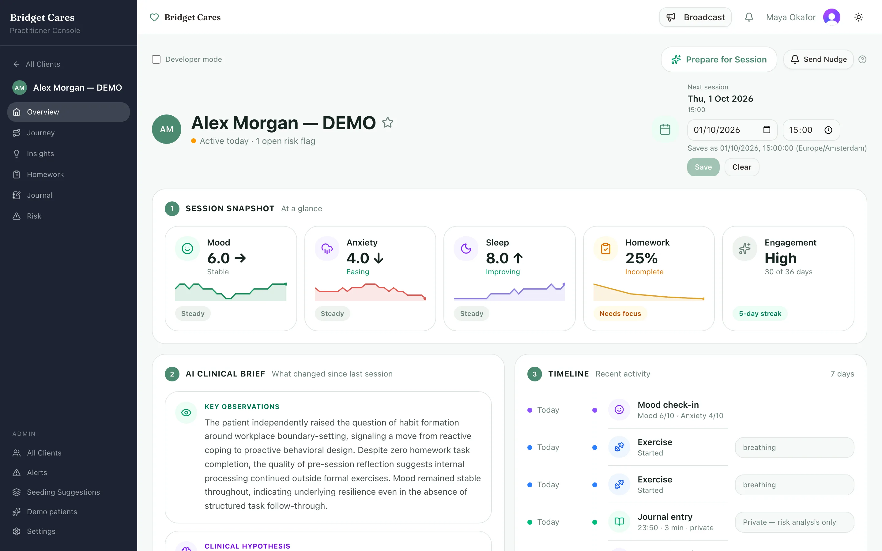 A therapist's view of one patient: mood trend, risk flags, and the weekly AI summary.