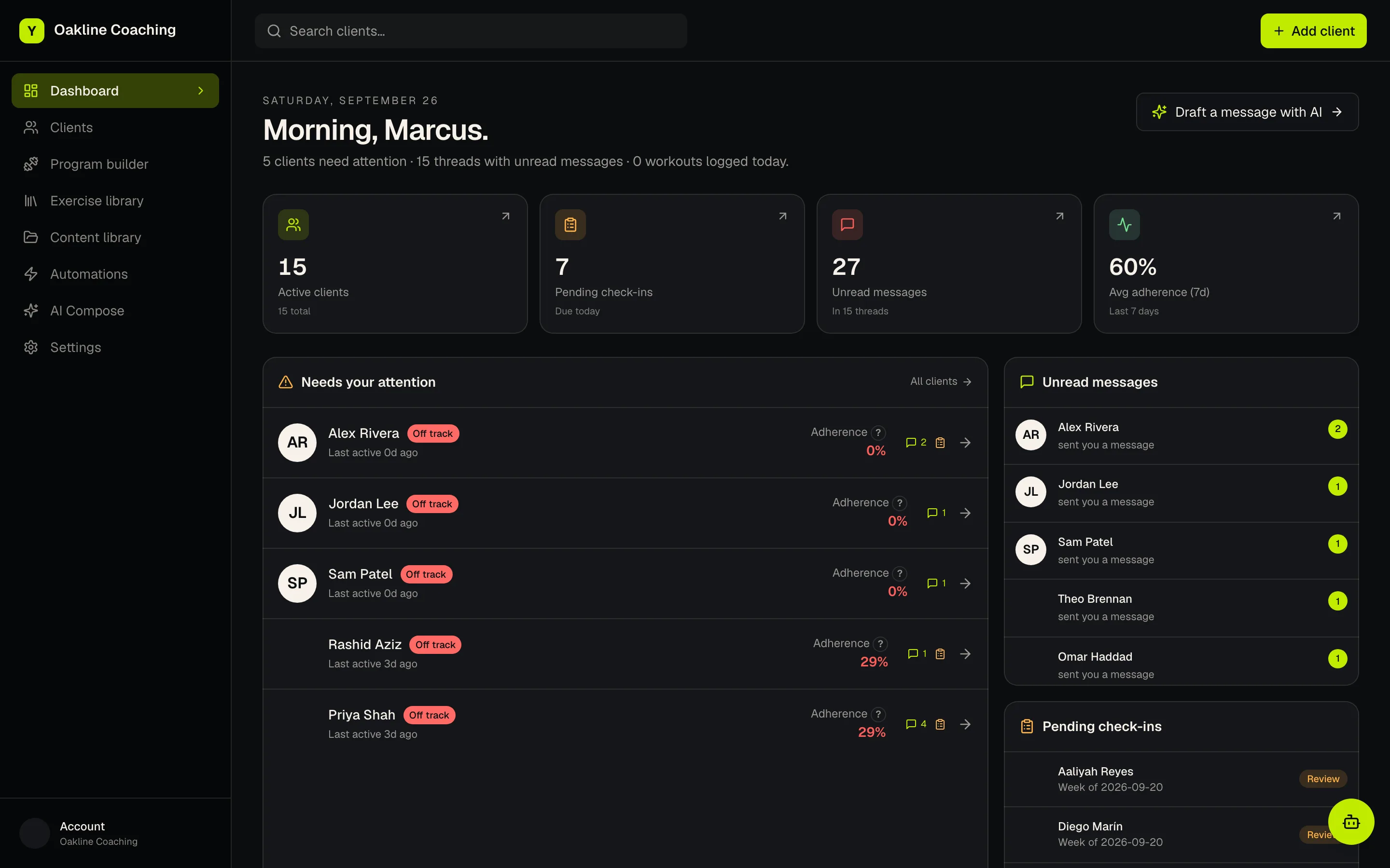 Coach dashboard. Sample roster.