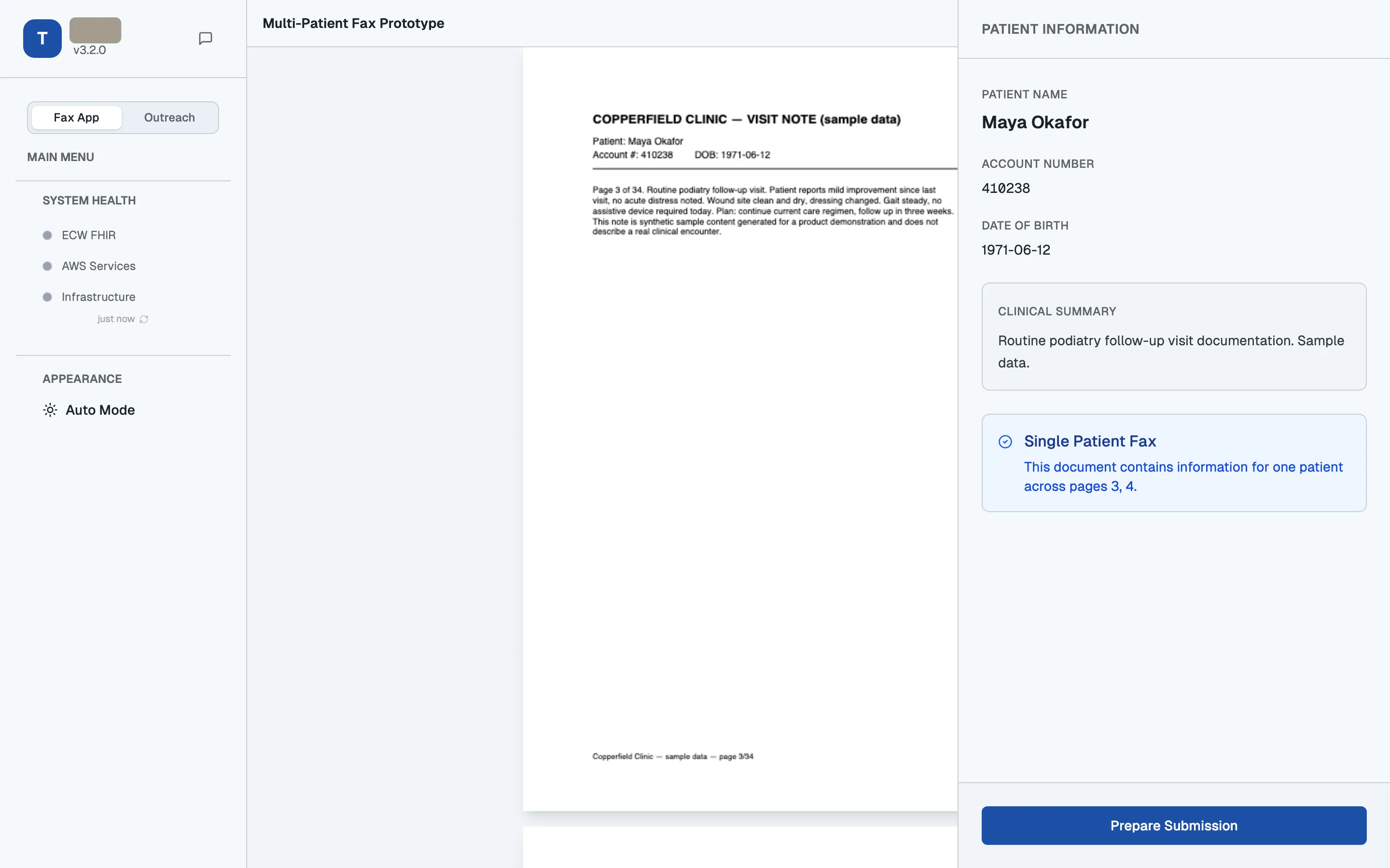 A referral fax next to the fields the model extracted. Nothing reaches the EMR until a person approves it.