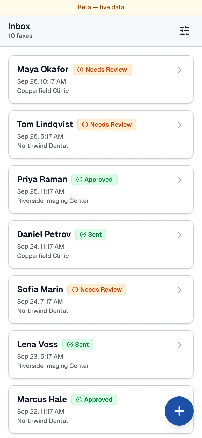 The inbox on a phone. Sample data.