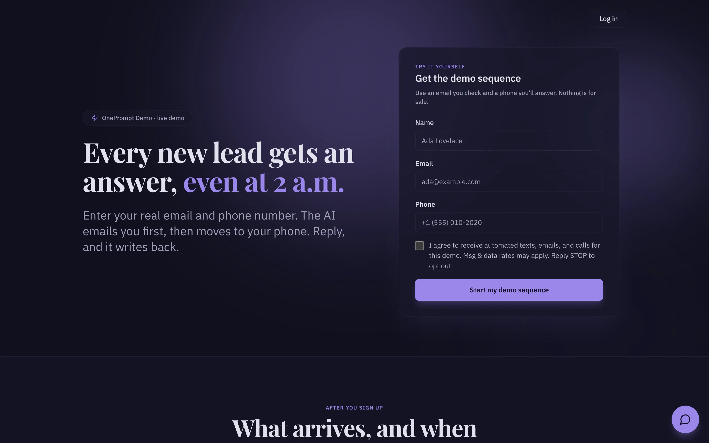 The public page doubles as the demo. A visitor signs up and the sequence runs on them.